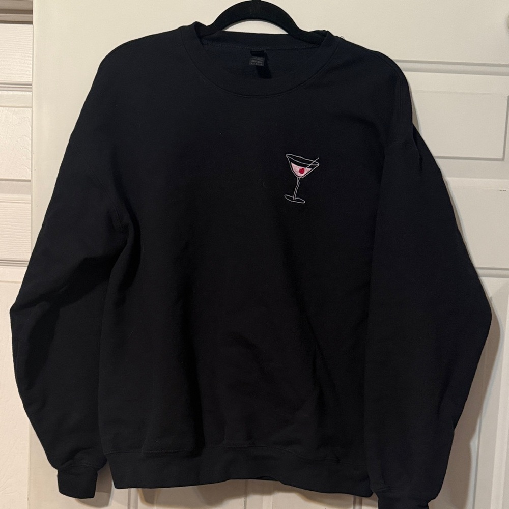 Black Crewneck Sweatshirt with Martini Heart Cocktail Embroidery